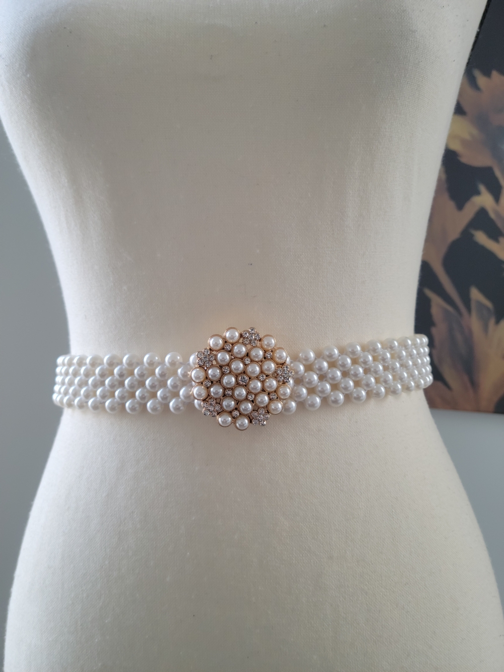 3/$30 Pearl Multi-Strand Belt with Floral Crystal Clasp - White